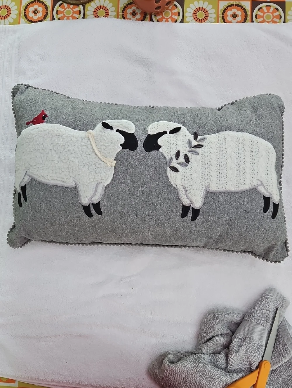 Source Unknown Gray Sheep Appliqué Holiday Pillow with Red Bird